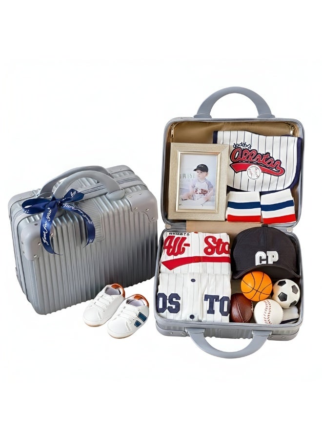 ESSENTIALS 360 Newborn Gift Set Sports Theme 0–3 Months 14 Pieces Baby Shower or First Visit Present with Clothing & Accessories in Premium Suitcase (Perfect for Baby Boy or Girl) - Image 1